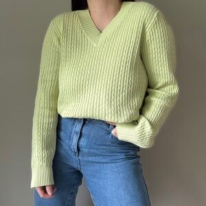 Cable Knit V-Neck Sweater in Chartreuse